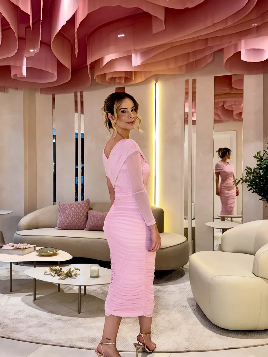 Recepção da clínica da Dra. Sarah Oliveira, com teto rosé e poltronas creme